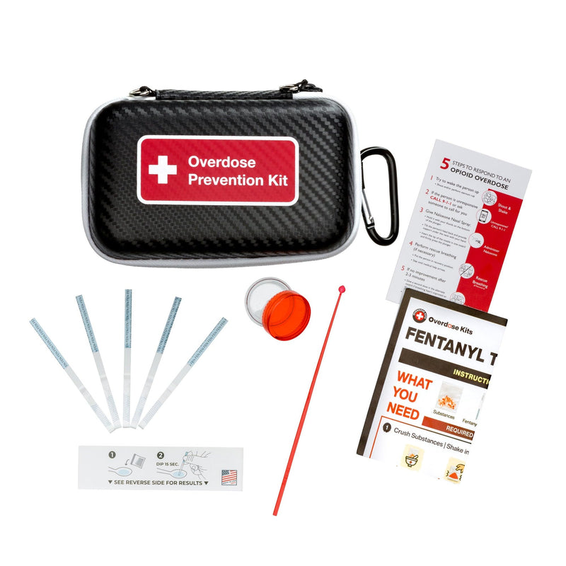 Fentanyl Test Strip Opioid Overdose Prevention Kit | Includes 5 Fentanyl Test Strips for Pills, Powders & Liquids + Naloxone Carry Case + Mixing Container + 10mg Spoon and Instructions (1) Single Black