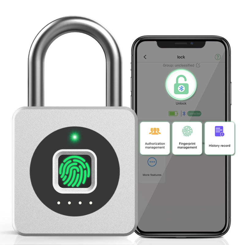 Pothunder Fingerprint Padlock, Fingerprint Lock with APP, Padlock with Keyless Biometric, Smart Padlock Waterproof Suitable for Gym, Locker, Gates, Fence and Storage Silver