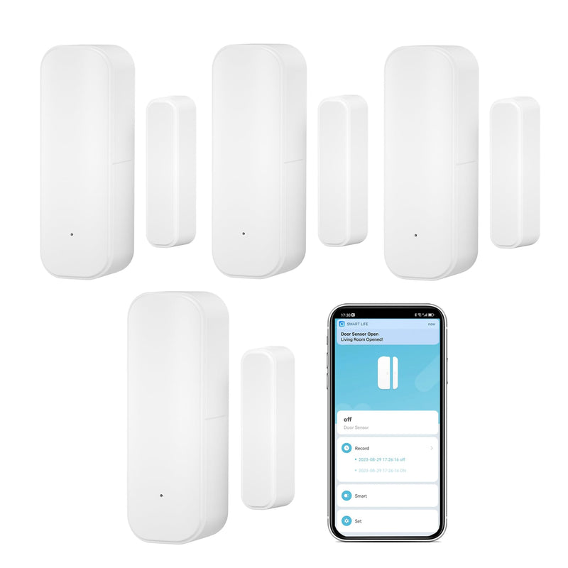 Smart Door and Window Sensor: WiFi Door Sensor for Home Security, App Alerts, Wireless Contact Sensor, Programmable with Smart Life Devices, Compatible with Alexa, Google Assistant (4-Pack) 4-Pack