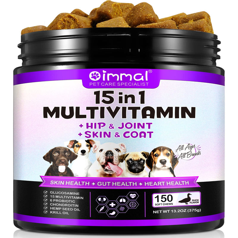 Dog Multivitamin Chewable 150 Chews, 15-in-1 Dog Vitamins and Supplements, Dog Daily Vitamins Chewable Glucosamine Probiotics for All Ages All Breeds (Duck Flavor) - PawsPlanet Australia