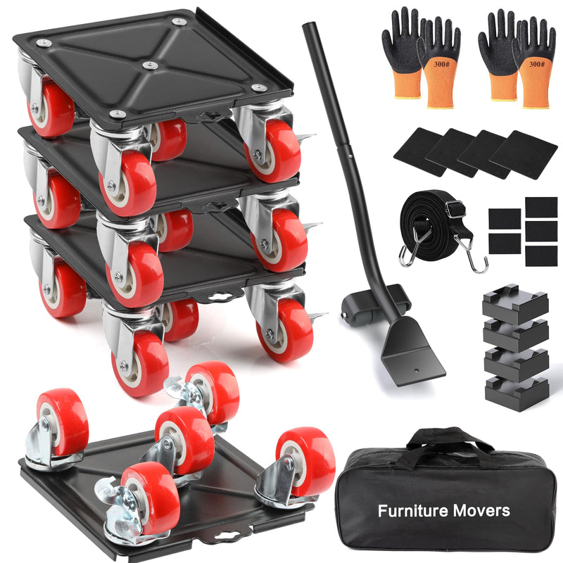 4 Packs Heavy Duty Furniture Dolly with 5 Wheels Rubber Silent Furniture Lift, 3300 lbs Load Capacity, Furniture Lift Tool Set Made of Premium Carbon Steel 6.3IN & 4 Dollies