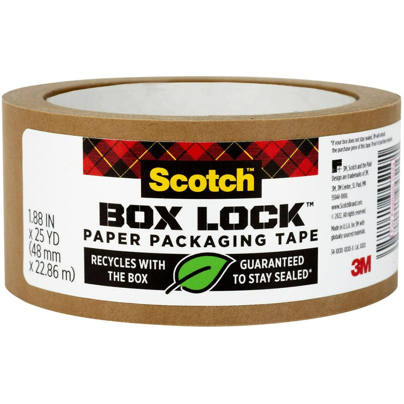Scotch Box Lock Paper Packing Tape, Kraft Brown, Extreme Grip Kraft Paper Tape That Recycles with The Box, Moving Supplies, 1.88 in. x 25 yd., 1 Tape Roll