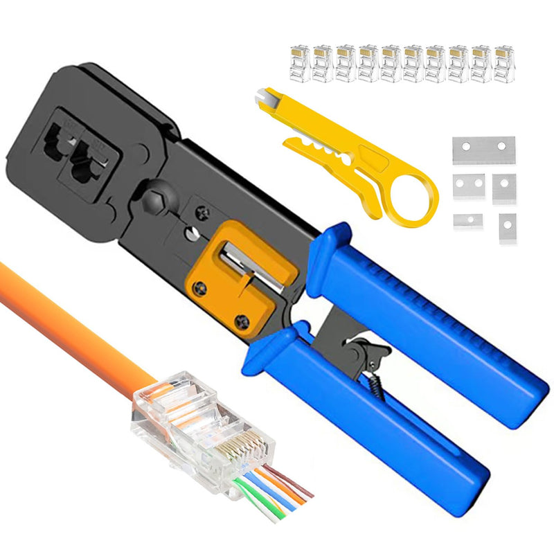 Pass Through RJ45 Crimp Tool, Ratcheting Ethernet Crimping Tool Kit, Ethernet Crimper for RJ45 Pass Through Connector and RJ11/RJ12 connectors Ratcheting RJ45 Crimp Tool