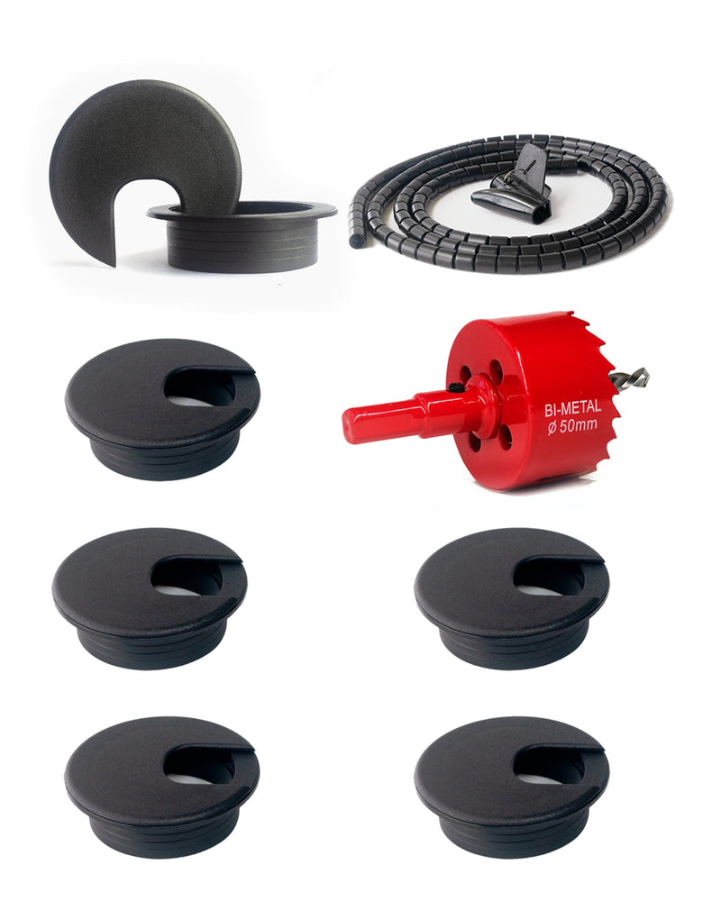 6 Pack Desk Grommet 50mm (1.97 inch) Bi-Metal Hole Saw Kit with Cord Wrap Coiled Tube Management,2 m Cable Sleeve Organizer with Table Hole Cover