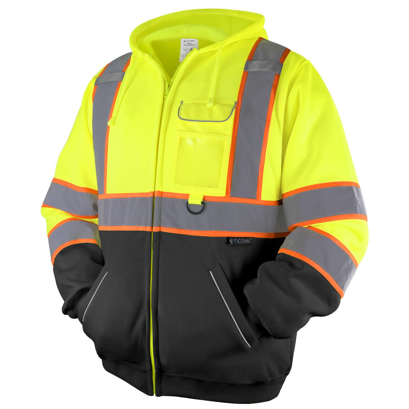 TICONN Safety Hoodie Jacket, High Vis Reflective Safety Fleece Hoodie, PPE Gear for Cold Weather Meet ANSI III X-Large Yellow&black