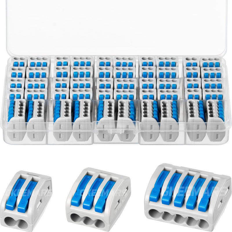 GKEEMARS 50Pcs Lever Wire Connectors, Compact Splicing Conductor Connector for Solid Stranded Flexible Wires 28-12 AWG (Blue)