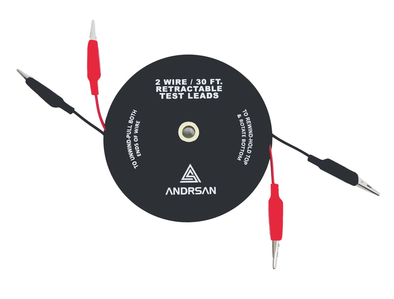 2 Wire 30’ Retractable Test Leads with 2” Alligator Clips, 18 Gauge Electrical Copper Wire, Impact-Resistant Reel, Black