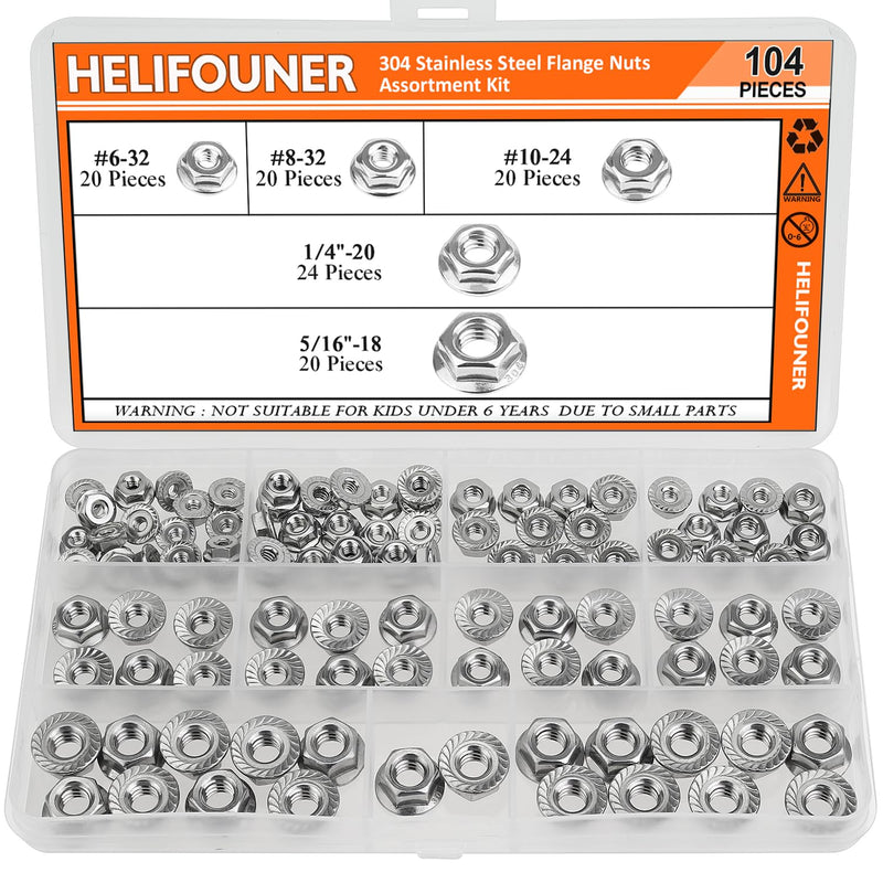 104 Pieces 5 Sizes Flange Nuts, Serrated Flange Hex Lock Nuts Assortment Kit, 304 Stainless Steel (#6-32#8-32#10-24 1/4"-20 5/16"-18) 104 Pieces 5 Sizes