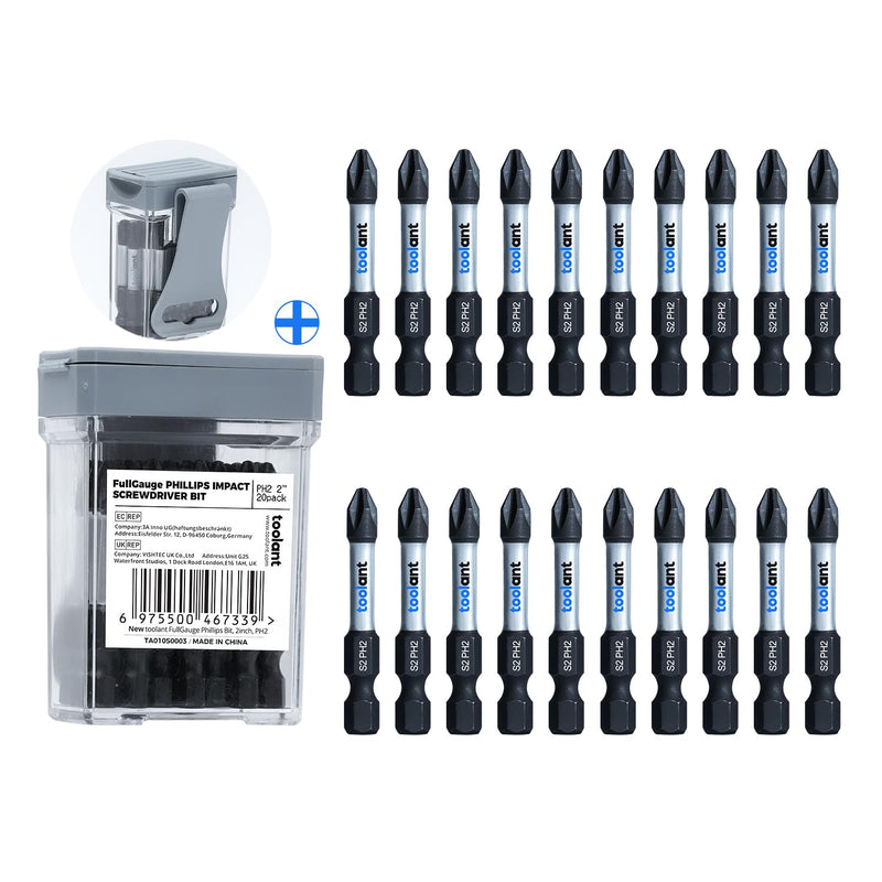 toolant 2 Inch Phillips Bit#2 Magnetic Anti Slip Impact Screwdriver Bits Set,20pcs Insert S2 Steel PH2 Driver Dit Set with CNC Machined Tips for Power Drill 2"*20pcs
