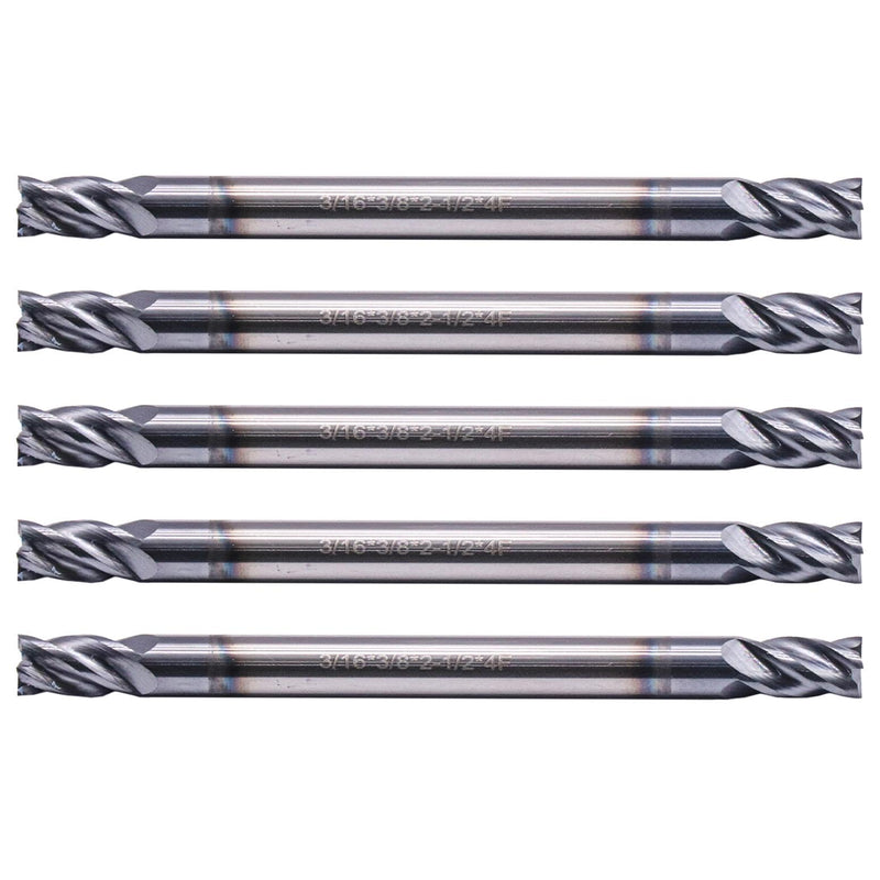 5Pcs 3/16" 4 Flute Solid Carbide Square End Mill, Double End, AlTiN Coated | 35 Degree Helix, 3/16" Cutting Diameter, 3/16" Shank Diameter, 3/8" Length of Cut, 2-1/2" Overall Length 3/16 in 5