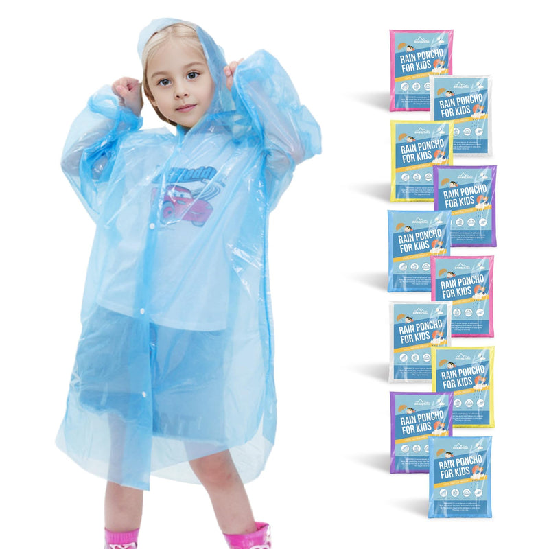Disposable Rain Ponchos for Kids,Rain Ponchos Family Pack,Clear Kids Ponchos,Individually Wrapped. Colors10
