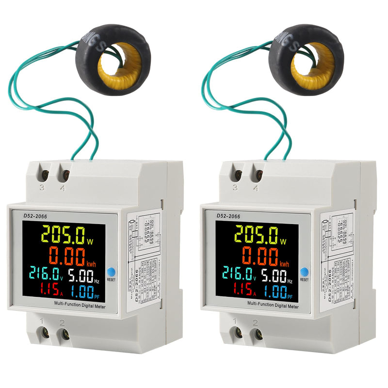 2Pack Single Phase Energy Meter Din Rail Electricity Usage Monitor AC 40-300V 100A Voltmeter Ammeter Watt Kwh Frequency Power Meter External CT 110V