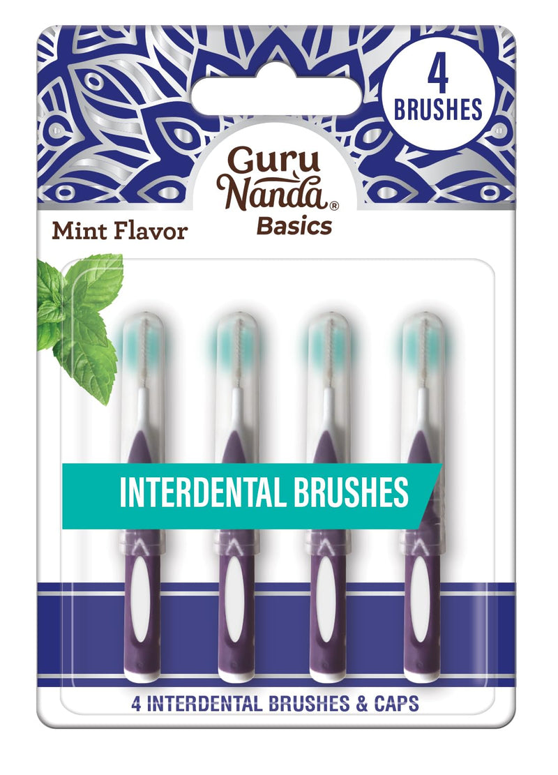 GuruNanda Interdental Brushes with Caps - Floss Picks for Teeth Cleaning - Mint Flavor - 4 Pack