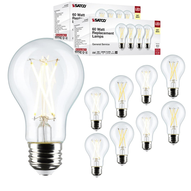 Satco S12463 LED Light Bulbs 8 Watt 120V 3000K Soft White 800 Lumens Dimmable 2 Packs of 4 (8 Bulbs Total)