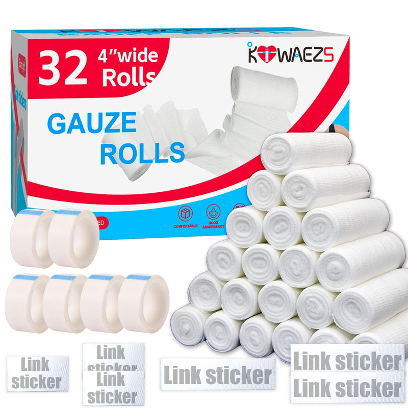 32 Pack Gauze Rolls Bandages 4 ” x 4.1 yd Premium Quality Lint and Latex-Free Conforming Stretch Bandages Designed for Effective Wound Care for Wound Dressing Support (Individually Packed) Pack of 32