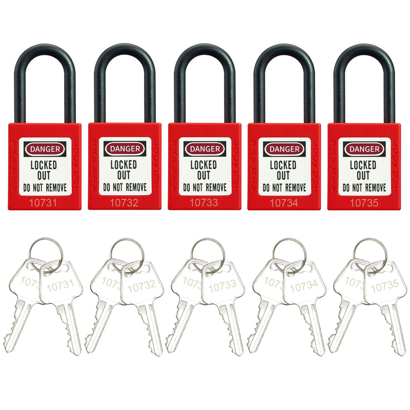 Safety Lockout Padlock Sets, OSHA Compliant 5 Red Lockout Tagout Locks, Keyed Differently Loto Locks (2 Keys Per Lock) for Lock Out Tag Out Stations 5 pack red nylon padlocks