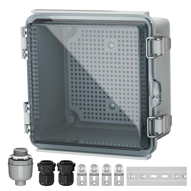 Joinfworld 6x6x4 Outdoor Electrical Box Weatherproof Junction Box Plastic Clear Waterproof Box Enclosure Nema 4 for Electronics Project WiFi Timer Conduit Marine Outside 5.9"x5.9"x3.5" Clear