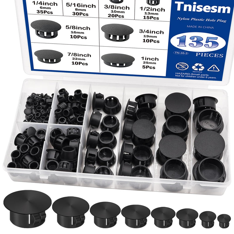 Tnisesm 135Pcs 8 Sizes Nylon Plastic Hole Plugs Black 1/4" 5/16" 3/8" 1/2" 5/8" 3/4" 7/8" 1" Round Drill Hole, Flush Type Panel Knockout Locking Plugs, Furniture Cabinet Insert End Caps 8 Size Black(1/4"-1"-135Pcs)