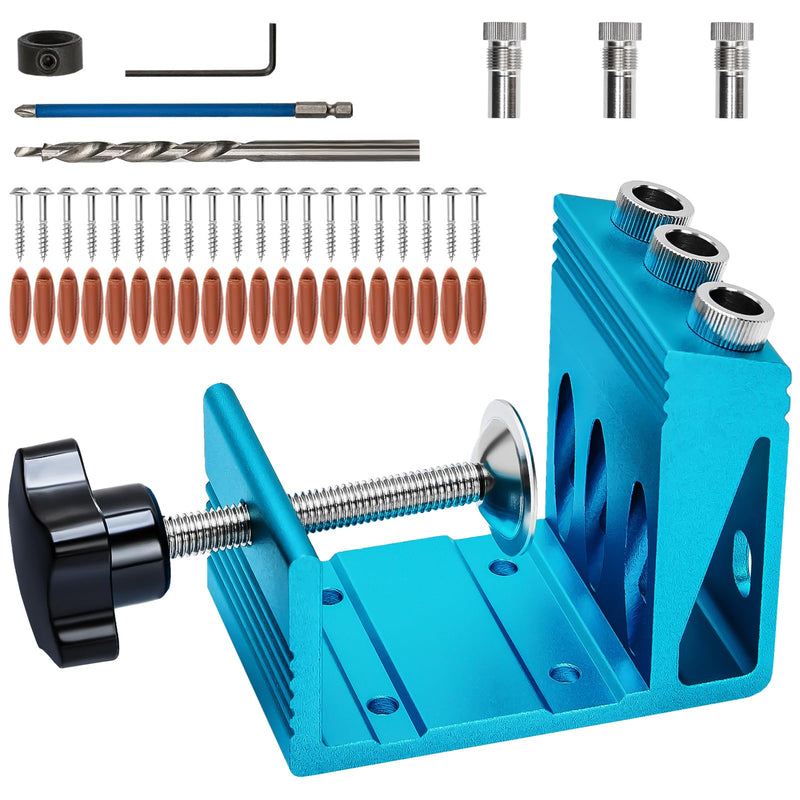 Pocket Hole Jig Kit with 3 Drill Hole Guide Pocket Drill Hole System with 15 Degree Joint Angle Tool Portable Pocket Joinery Screw Kit DIY Woodworking Carpentry Locator Blue