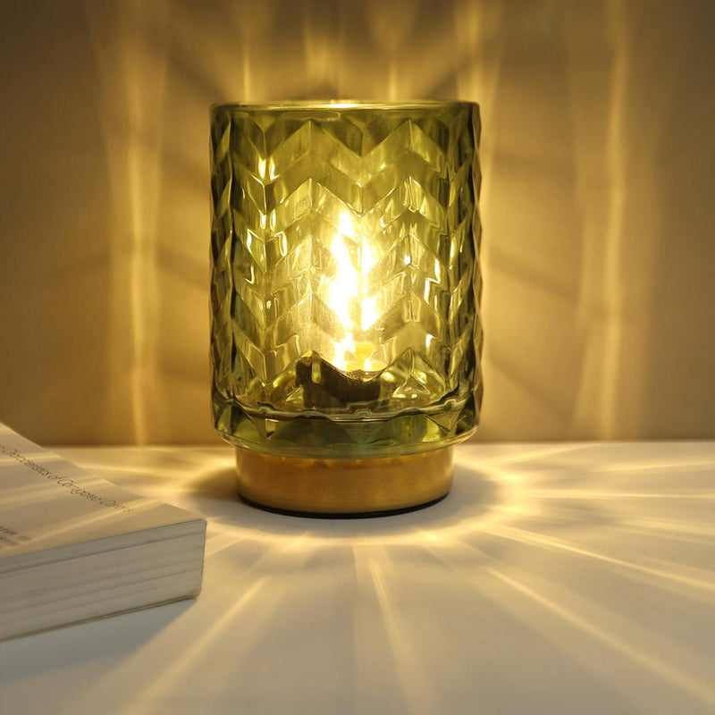 Battery Operated Lamp with Timer, Small Table Lamp with LED Bulb, Glass Cordless Lamps Beside Table Light for Living Room, Bedroom, Entryway Wave Design-Grey Wave-Green