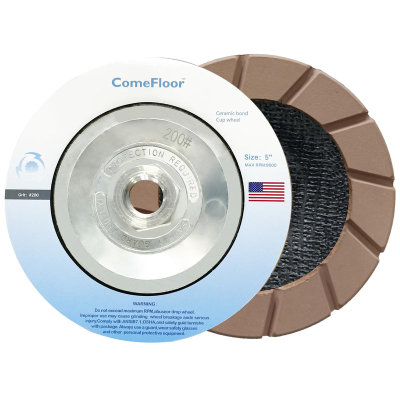 Concrete Grinding Wheel 5" Ceramic Diamond Cup Wheel for Floor Grinding, 200# Dry Edge Polishing Discs Fits Angle Grinder, 5/8"-11 200#
