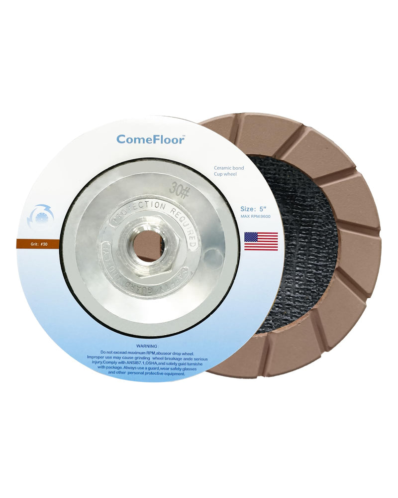 Concrete Grinding Wheel 5" Ceramic Diamond Cup Wheel for Floor Surface, 30# Dry Edge Polishing Discs Fits Angle Grinder, 5/8"-11 30#