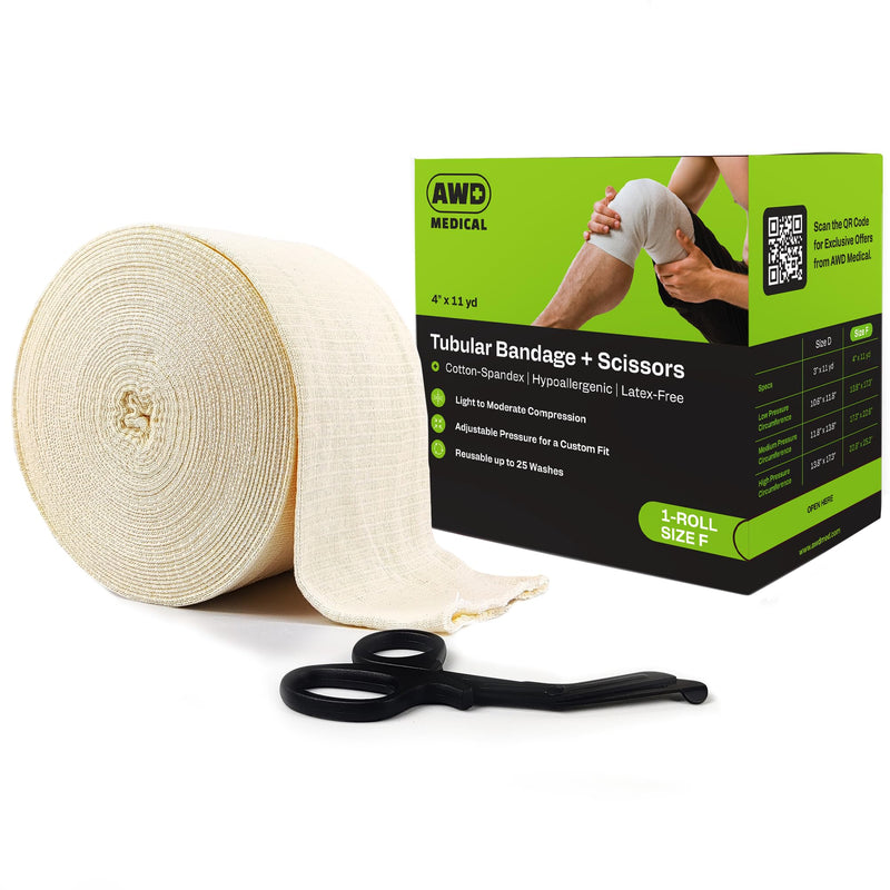 Elasticated Tubular Support Bandage - Reusable Compression Wrap for Joint Pain Relief - Stockinette Tubing for Large Knees/Medium Thigh - Off-White (Size F - 4 inches x 11 Yards) + Scissors Off White Size F - 4 Inch x 11 Yards