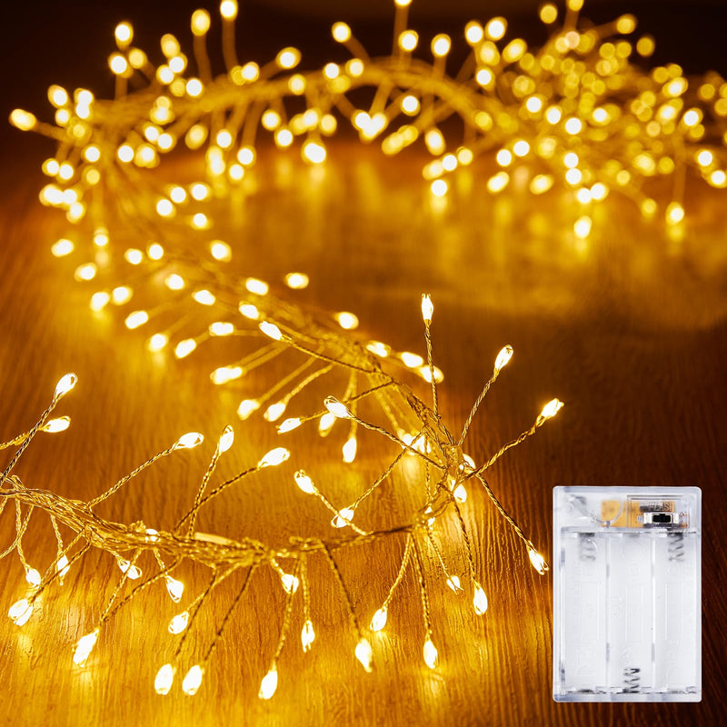 10Feet Battery Operated Fairy Lights, 120LEDs Firecracker String Lights Waterproof Silver Wire Starry Firefly Lights for DIY Wreath Home Weeding Indoor Outdoor Christmas Decorations, Warm White 10 Feet