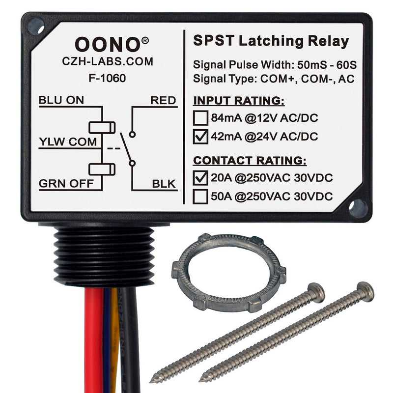 AC/DC 24V SPST 20Amp 250Vac/30Vdc Latching Relay Module, Plastic Enclosure Wired, OONO F-1060 AC/DC 24V