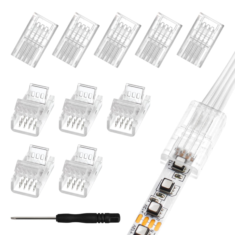 RGBZONE 10Pcs LED Strip Connector 4 Pin 8mm,Wide Strip to Wire Quick Connectors for Waterproof or Non-Waterproof 8mm Wide RGB SMD 5050/3528 LED Light Strip 4pin 8mm strip to wire