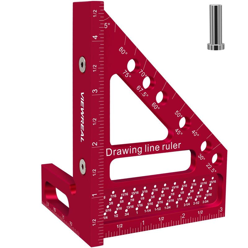 Premium Carpenter Square Hole Scribing Ruler Woodworking Square 22.5-90 Degree Measuring Ruler with Angle Pin,Versatile Multi Angle Square for Woodworking, Engineering, and Construction Red