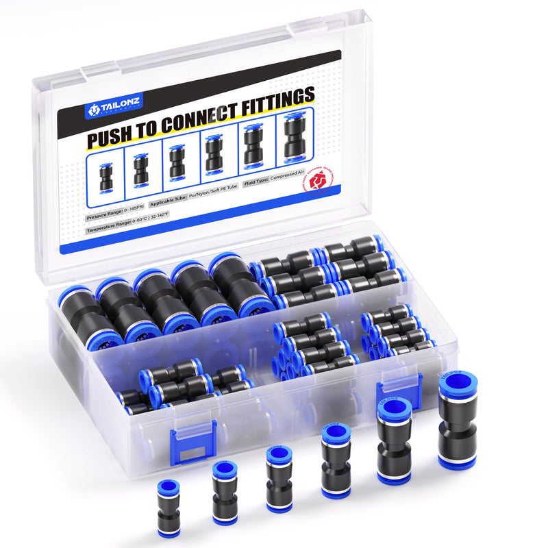 TAILONZ PNEUMATIC 60 pcs Straight Push Connectors Plastic Quick Release Connectors Air Line Fittings for 1/8 5/32 1/4 5/16 3/8 1/2Tube (2 Way) 1/8"/5/32"/1/4"/5/16"/3/8"/1/2"OD