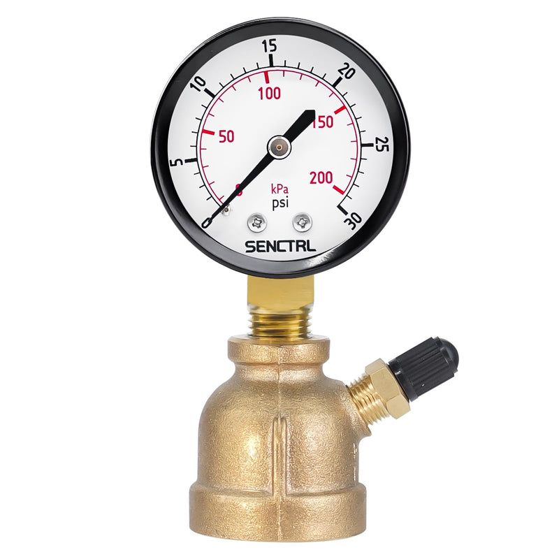 0-30 Psi Gas Pressure Test Gauge, 2" Dial Size, 3/4" FNPT Connection, Brass Valve, Forged Brass Bell Shape Body Assembly 0-30 psi