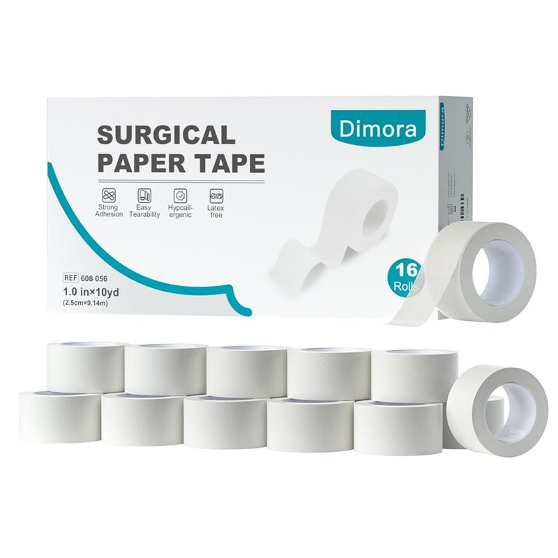 Dimora Paper Medical Tape 16 Rolls- Hypoallergenic White Surgical Tape for Sensitive Skin，Breathable First Aid Wound Tape with Pain-Free Removal，Secures Dressing and Medical Devices -1" x 10 Yards White-Paper Tape 16 Rolls