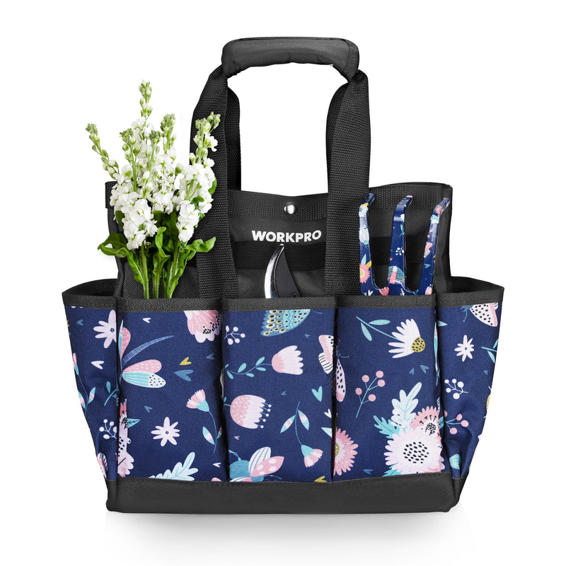 WORKPRO Garden Tool Bag, 9 Pockets Garden Tote Bag, Heavy Duty Oxford Garden Tool Storage Bag, Gardening Tool Kit Holder (Tools NOT Included), 12" x 12" x 6" (Blue Insects) Blue Insects