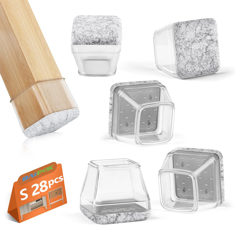 28Pcs Square Chair Leg Floor Protectors with Wrapped Felt Bottom, Silicone Chair Leg Protectors for Hardwood Floors, Chair Legs Cover Prevents Scratches & Reduce Noise (Clear S Fit 0.87"-1.10") Clear Small