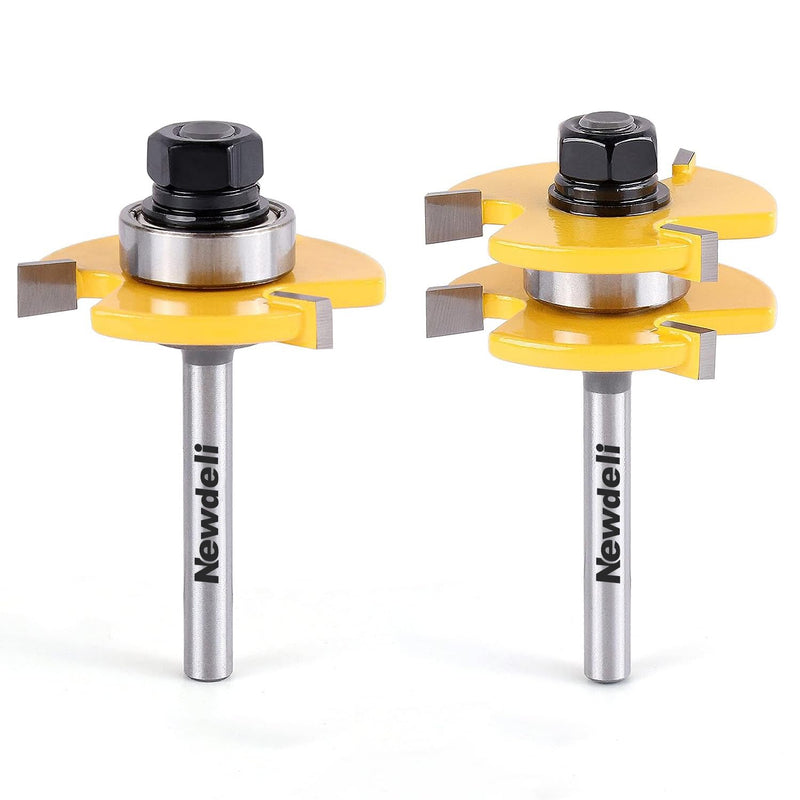 Newdeli Tongue and Groove Router Bit Set 1/4 Inch Shank - 2pcs Router Bits for 3/4" Stock, 1/2" Cutting Depth - T Shape 3 Teeth Wood Milling Cutter Woodworking Tool 1/4" Shank * 3/4" Stock * 1/2" Depth