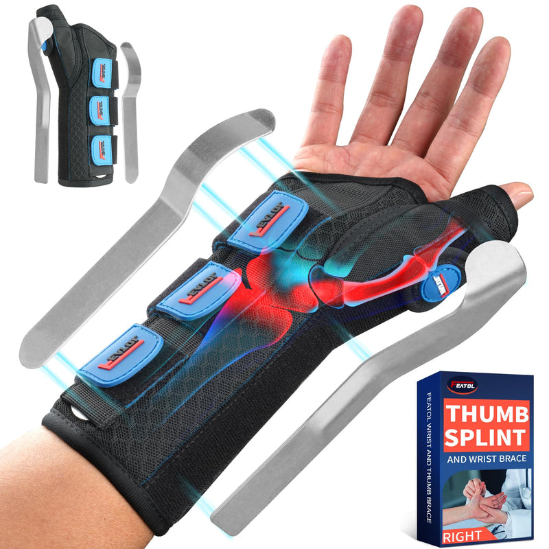 FEATOL Carpal Tunnel Wrist Brace Night Support, Wrist and Thumb Brace for Dequervain's Tenosynovitis, Tendonitis, Arthritis, Thumb Spica Splint Right Hand-Small/Medium-Women and Men Small/Medium(Pack of 1) Right Hand-Black Blue