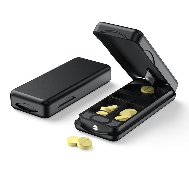 Pill Cutter with Auto Centering Device, Aluminum Pill Splitter with 316L Stainless Blade, Genuine Leather Case, Professional Pill Splitter for Cutting (Plastic,Black) Bpa-free,black