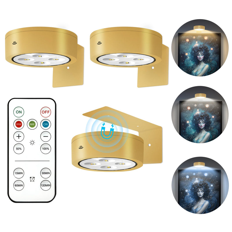 3Pcs Battery Operated Picture Light, Magnetic Led Painting Light with Remote Dimmable and Timer, 3 Lighting Modes Art Display Light for Picture Frame Paintings, Wireless Wall Decor Puck Lights, Gold Gold, Battery Operated 3 Pack