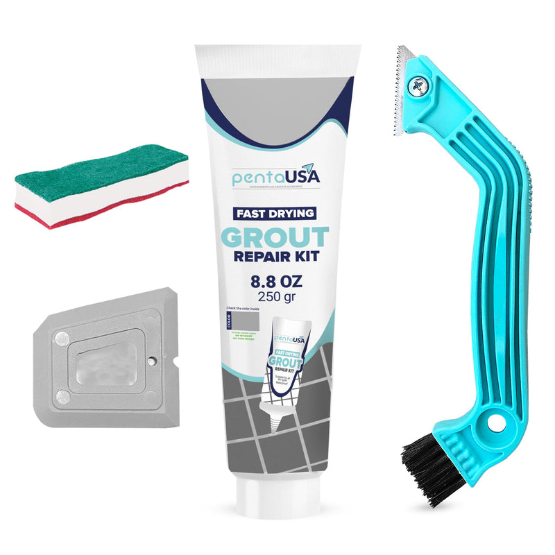 Pentausa Premixed Acrylic Sanded Tile Grout Repair Kit - Ready to Use Grout Renew Filler for Bathroom, Shower, & Kitchen Tile with Grout Removal Tool, Applicator & Sponge, (8.8 Oz - 250gr) (Grey) Grey