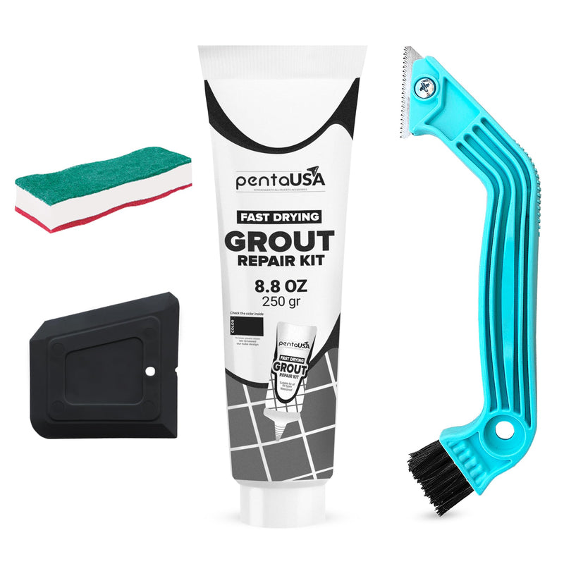 Pentausa Premixed Acrylic Sanded Tile Grout Repair Kit - Ready to Use Grout Renew Filler for Bathroom, Shower, & Kitchen Tile with Grout Removal Tool, Applicator & Sponge, (8.8 Oz - 250gr) (Black) Black