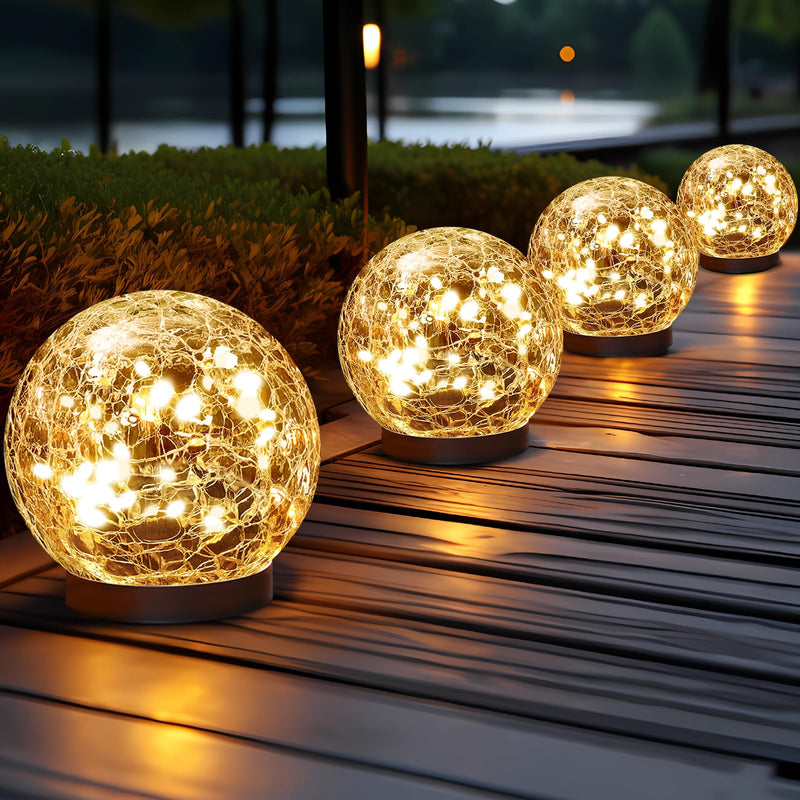 Solar Globe Lights Outdoor Waterproof - Cracked Glass Ball Lights for Garden, Patio, Yard, Lawn and Backyard Decor - Solar Orbs for Outside Decorations 4 Globes Warm White