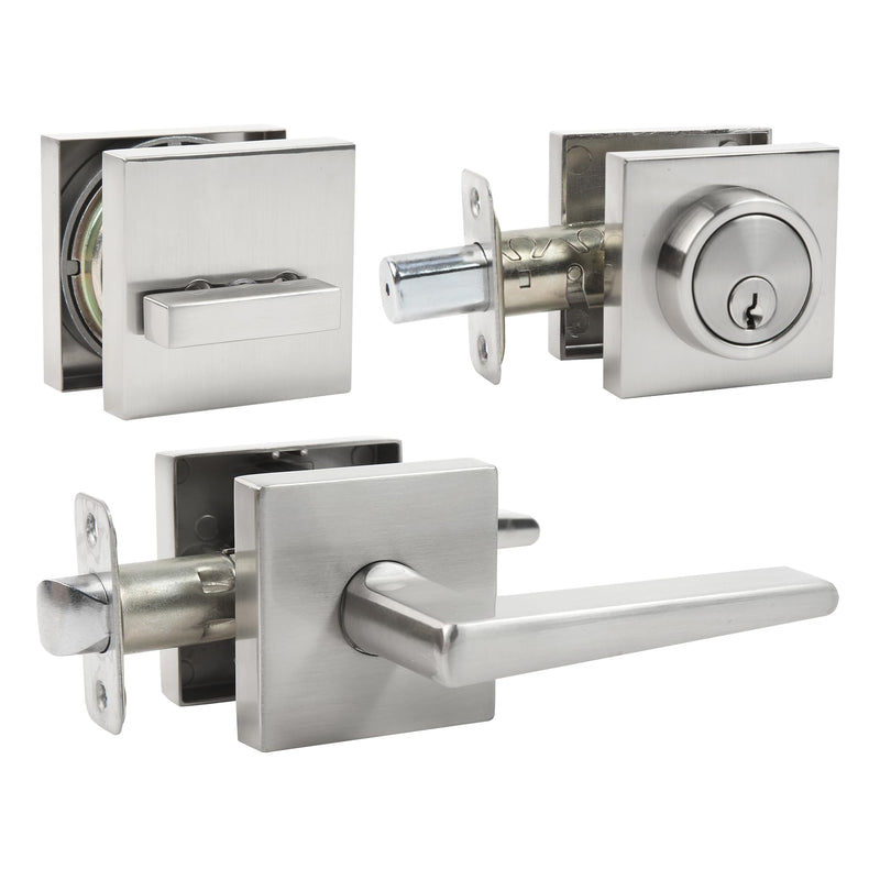 Front Door Lock sSet Front Door Handle and Deadbolt Set,Square Heavy Duty Exterior Door Knob with Deadbolt,Brushed Nickel,1pack 1pack-set Satin Nickel