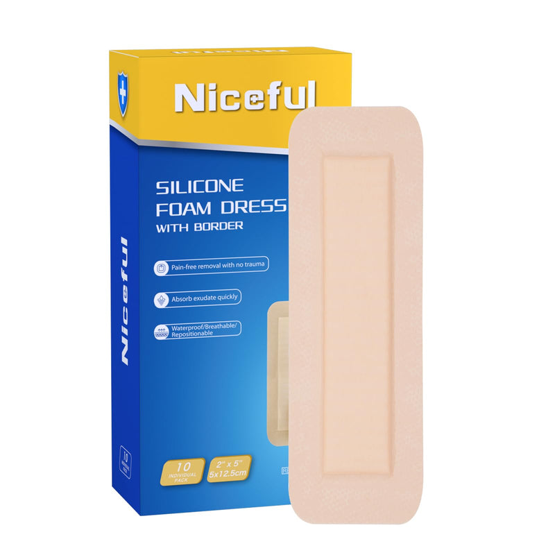 10 Pcs Silicone Foam Dressing 2"x5" - Ultra Soft Waterproof Silicone Bandages with Adhesive Border, Highly Absorbent Foam Dressing for Bed Sores, Leg Ulcers, FSA HSA Eligible 2"X5" 10PCS