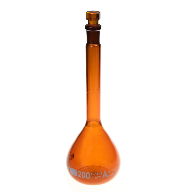 ALWSCI 2PCS 200ML Volumetric Flask, Class A, Glass Stopper for Laboratory | 3.3 borosilicate amber glass,Tolerance±0.15ml,NS14/23,ASTM-E288,autoclavable,chemical durable 200ml Amber Volumetric Flask