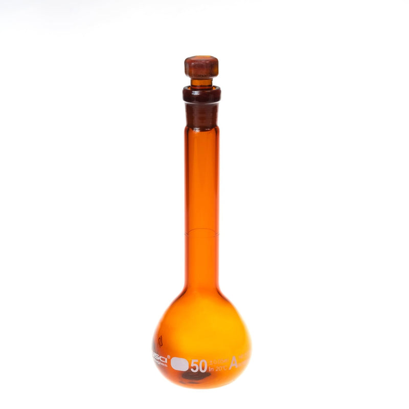 ALWSCI 2PCS 50ML Volumetric Flask, Class A, Glass Stopper for Laboratory | 3.3 borosilicate amber glass,Tolerance±0.050ml,NS12/14,ASTM-E288,autoclavable,chemical durable 50ml Amber Volumetric Flask