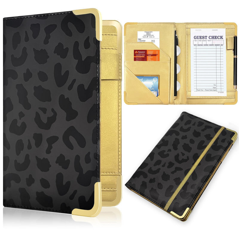Server Book, Painted Server Books for Waitress, Durable Leather Waitess Book with Zipper Pocket,Server Manual Checkbook Fits Server Apron 5in*8in Leopard-Black