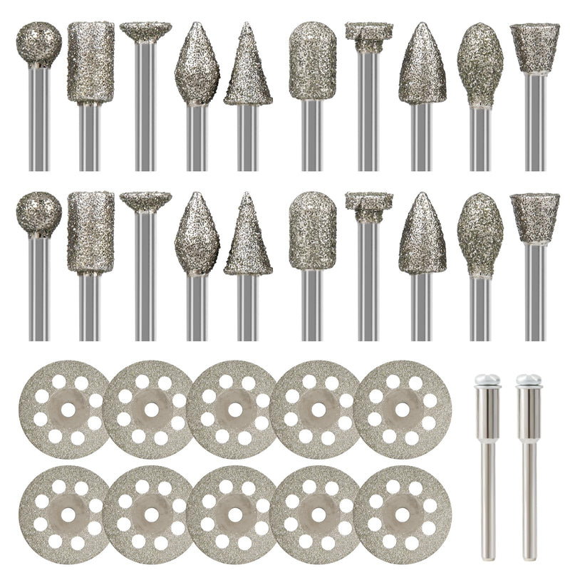 Diamond Burr Set for Dremel, Rotary Tool Grinding Cutting Wheel Stone Glass Tile Jewelry Engraving Rock Etching Masonry 1/8” Die Grinder Carving Cutter Metal Engraver Kit - 32pc Set Style 4