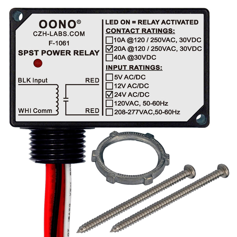 AC/DC 24V SPST 20Amp 250Vac/30Vdc Power Relay Module, Plastic Enclosure and Pre-Wired AC/DC 24V